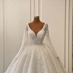 Long Sleeves V-Neck Wedding Dress Ball Gown With Lace-27dress