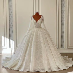 Long Sleeves V-Neck Wedding Dress Ball Gown With Lace-27dress