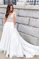 Long Sleeves V-Neck Wedding Dress Open Back Lace WIth Buttons-27dress
