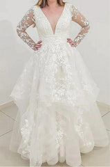 Long Sleeves V-Neck Wedding Dress Ruffles With Lace Appliques-27dress