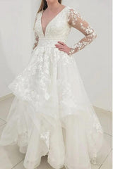 Long Sleeves V-Neck Wedding Dress Ruffles With Lace Appliques-27dress