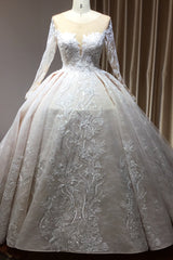Long Sleeves Wedding Dress Ball Gown Champagne Lace Scoop-27dress