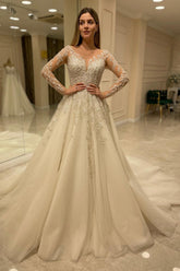 Long Sleeves Wedding Dress Lace Appliques A-Line-27dress