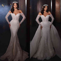 Long Sleeves Wedding Dress Lace Mermaid With Detachable Skirt-27dress