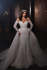 Long Sleeves Wedding Dress Lace Mermaid With Detachable Skirt-27dress