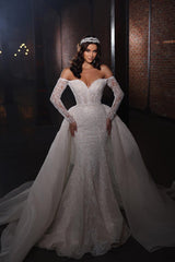 Long Sleeves Wedding Dress Lace Mermaid With Detachable Skirt-27dress