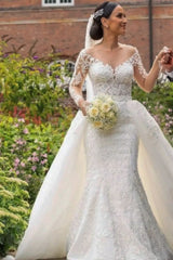 Long Sleeves Wedding Dress Mermaid Lace Overskirt-27dress