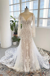 Long Sleeves Wedding Dress Mermaid Tulle Lace Appliques-27dress
