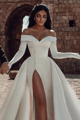 Long Sleeves Wedding Dress Off-the-Shoulder With Slit-27dress