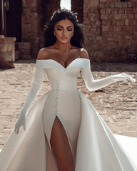 Long Sleeves Wedding Dress Off-the-Shoulder With Slit-27dress