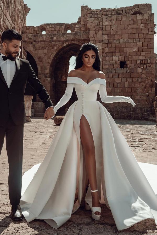 Long Sleeves Wedding Dress Off-the-Shoulder With Slit-27dress