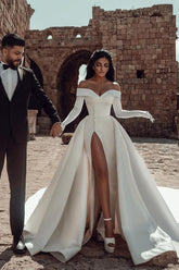 Long Sleeves Wedding Dress Off-the-Shoulder With Slit-27dress