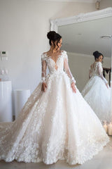 Long Sleeves Wedding Dresses Princess With Flowers Appliques-27dress