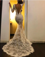 Long Sleeves White Mermaid V-neck Lace Formal Prom Dress with Slit-27Dress