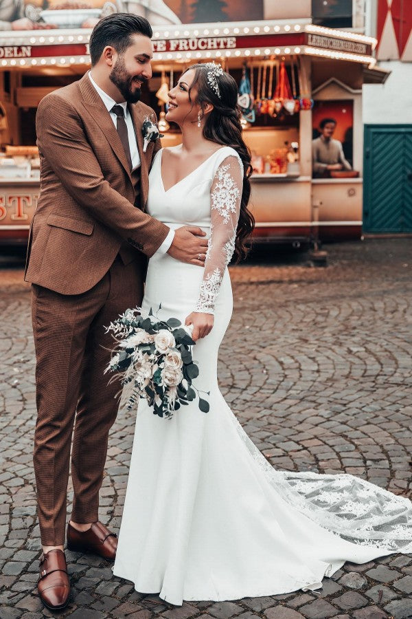 Long Sleeves White Wedding Dress Mermaid Lace Online-27dress
