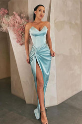 Long Strapless Sleeveless V Neck Sky Blue Pleated Prom Dress With High Split