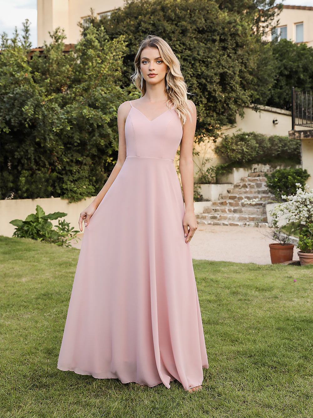 Long V-neck Backless Satin A-line Bridesmaid Dresses-27dress