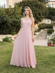 Long V-neck Backless Satin A-line Bridesmaid Dresses-27dress