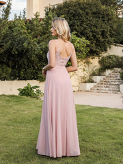Long V-neck Backless Satin A-line Bridesmaid Dresses-27dress