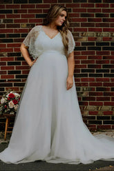 Long V-Neck Boho Lace Plus Size A-Line Wedding Dresses with Sleeves-27dress