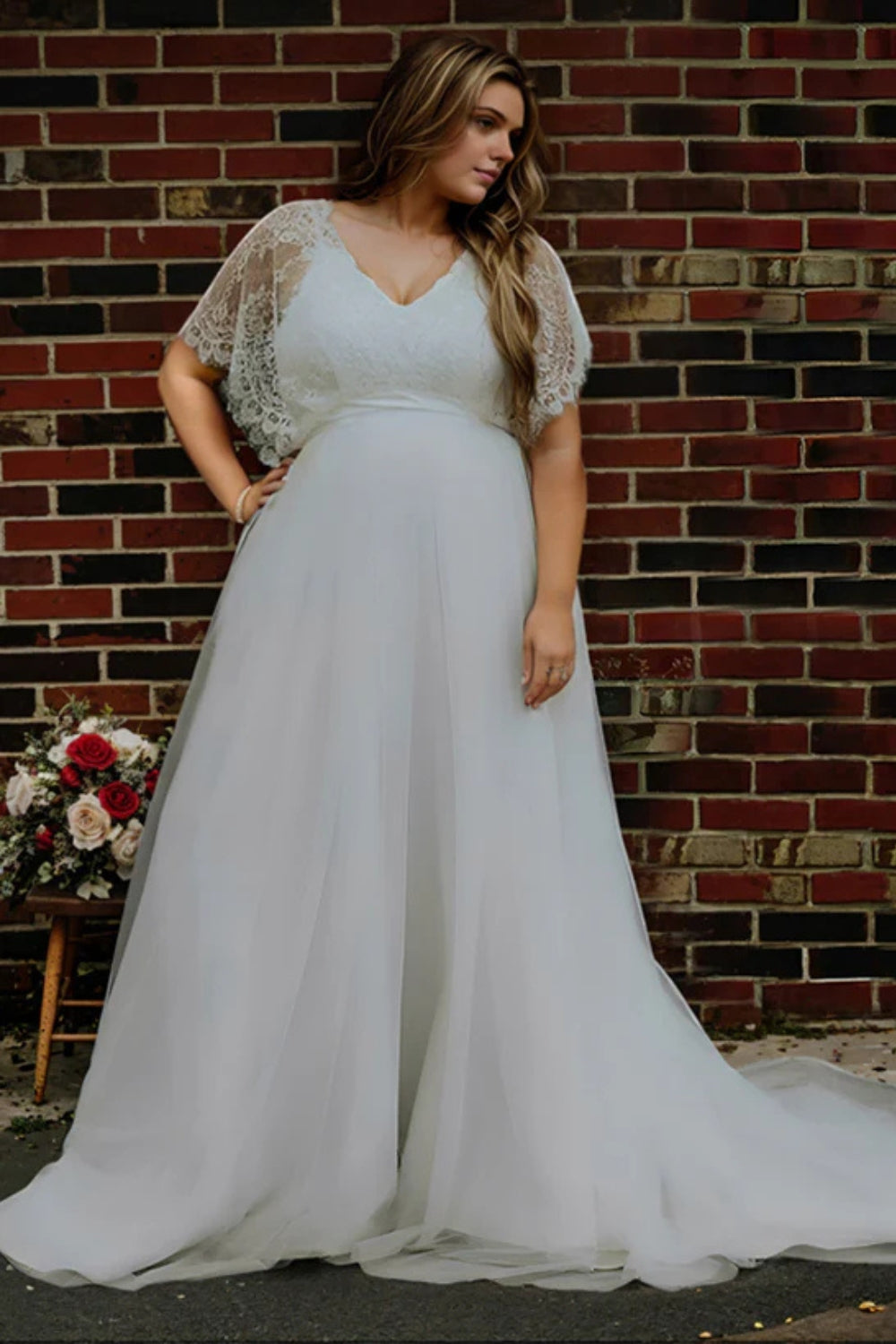 Long V-Neck Boho Lace Plus Size A-Line Wedding Dresses with Sleeves-27dress