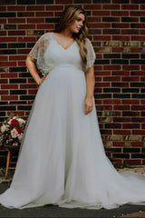 Long V-Neck Boho Lace Plus Size A-Line Wedding Dresses with Sleeves-27dress
