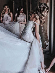 Look Elegant in Trumpet/Mermaid Off-the-shoulder Tulle Court Train Wedding Dresses With Appliques Lace