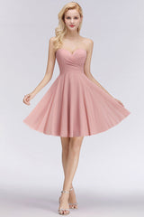 Lovely Sweetheart ruffle Pink Chiffon Short Bridesmaid Dresses Affordable-27dress