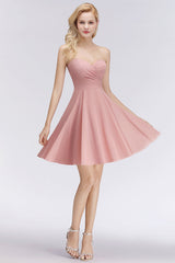 Lovely Sweetheart ruffle Pink Chiffon Short Bridesmaid Dresses Affordable-27dress