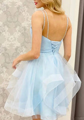 Light blue short Homecoming Dress With Pleats featuring beaded spaghetti straps lace up back and layered organza skirt