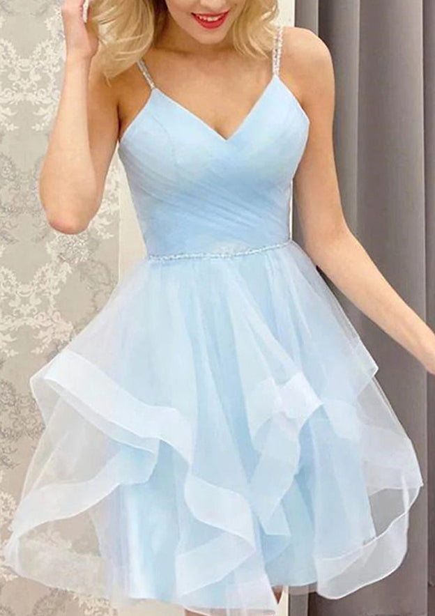 27Dress light blue Homecoming Dress With Pleats short A line V neck spaghetti straps layered ruffled skirt