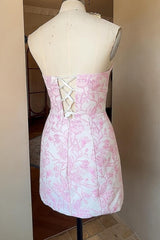 27dress strapless pink floral jacquard mini dress on mannequin with lace up back closure Floral Homecoming Dresses