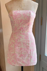 27dress strapless pink and white floral jacquard mini dress on mannequin Floral Homecoming Dresses