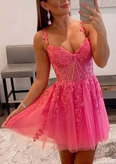 27Dress pink lace Tulle Homecoming Dress with sweetheart neckline ruffled straps and A line tulle skirt