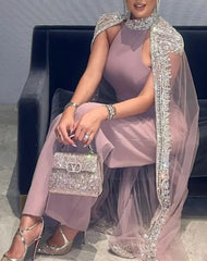 Luxurious Dusty Pink Prom Jumpsuits for Women with Cape-27dress