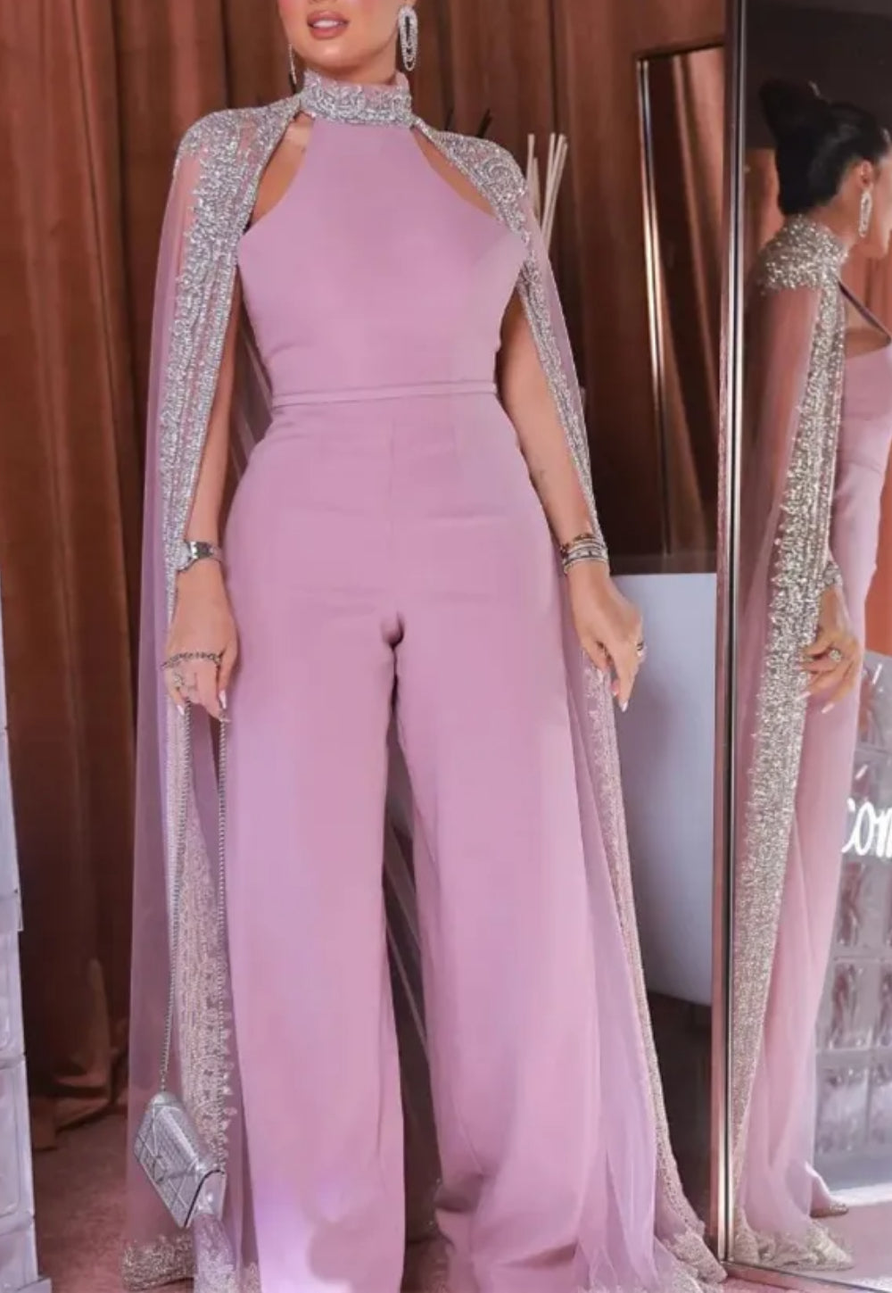 Luxurious Dusty Pink Prom Jumpsuits for Women with Cape-27dress