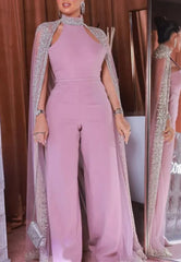 Luxurious Dusty Pink Prom Jumpsuits for Women with Cape-27dress
