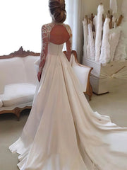 Luxurious Lace Satin Ball Gown Wedding Dress with High Neck and Court Train