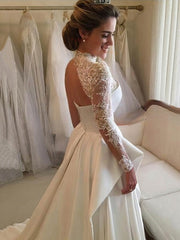 Luxurious Lace Satin Ball Gown Wedding Dress with High Neck and Court Train