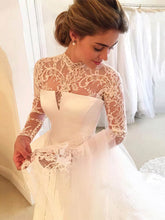 Luxurious Lace Satin Ball Gown Wedding Dress with High Neck and Court Train
