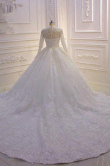 Luxurious Long Sleeves High Neck Tull Lace  Ball Gown Wedding Dress-27dress