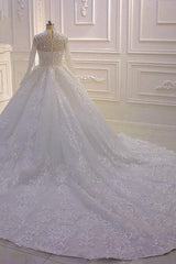 Luxurious Long Sleeves High Neck Tull Lace  Ball Gown Wedding Dress-27dress
