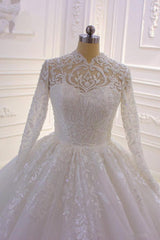Luxurious Long Sleeves High Neck Tull Lace  Ball Gown Wedding Dress-27dress