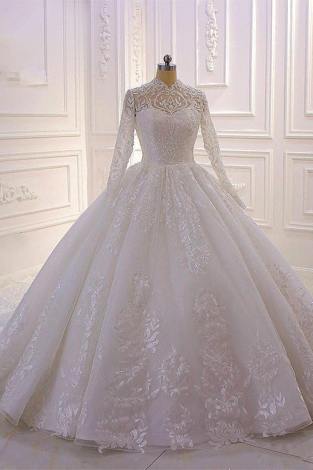 Luxurious Long Sleeves High Neck Tull Lace  Ball Gown Wedding Dress-27dress
