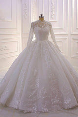 Luxurious Long Sleeves High Neck Tull Lace  Ball Gown Wedding Dress-27dress