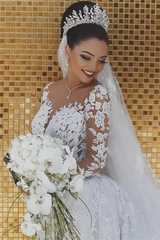 Luxurious Long Sleeves Mermaid Tulle Beaded Lace Wedding Dresses-27dress