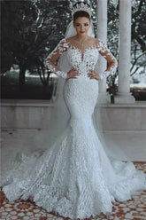 Luxurious Long Sleeves Mermaid Tulle Beaded Lace Wedding Dresses-27dress
