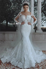 Luxurious Long Sleeves Mermaid Tulle Beaded Lace Wedding Dresses-27dress