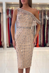 Luxurious One Shoulder Knee-Length Sheath Short Prom Dress With Crystals