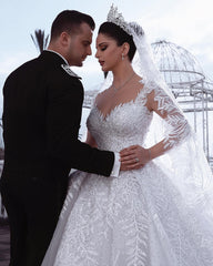 Luxurious Sweetheart Long Sleeves Lace Ball Gown Wedding Dress-27dress
